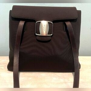 Luxurious Salvatore Ferragamo Vara Shoulder Bag in Dk Brown Nylon & Leat…